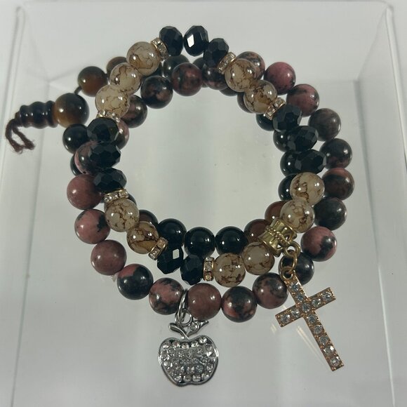 Lot 3 Stretch Bracelets Brown Stone Apple Cross Charm Rhinestones Beaded - Picture 1 of 9